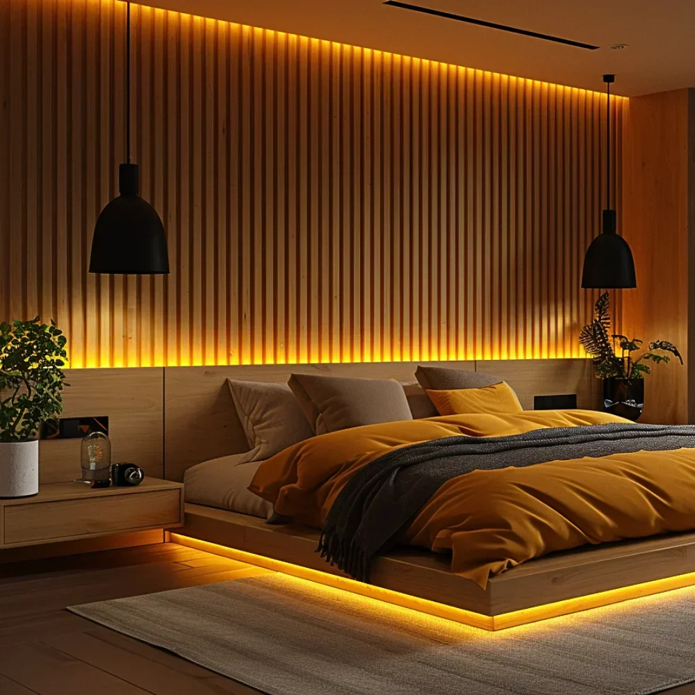 Schlafzimmer mit Lamellenpaneelen
